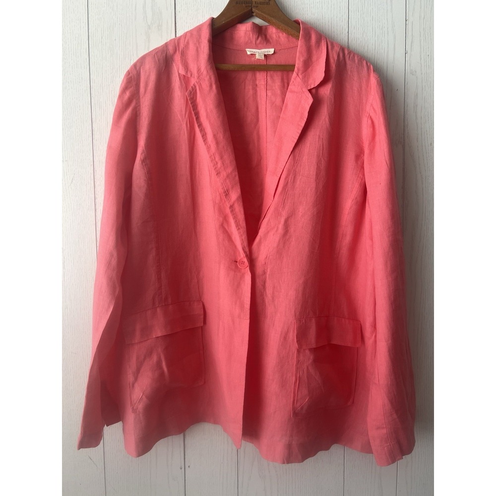 Eileen Fisher Irish Linen Blazer L Jacket Lagenlook Resort Organic Coral Pink